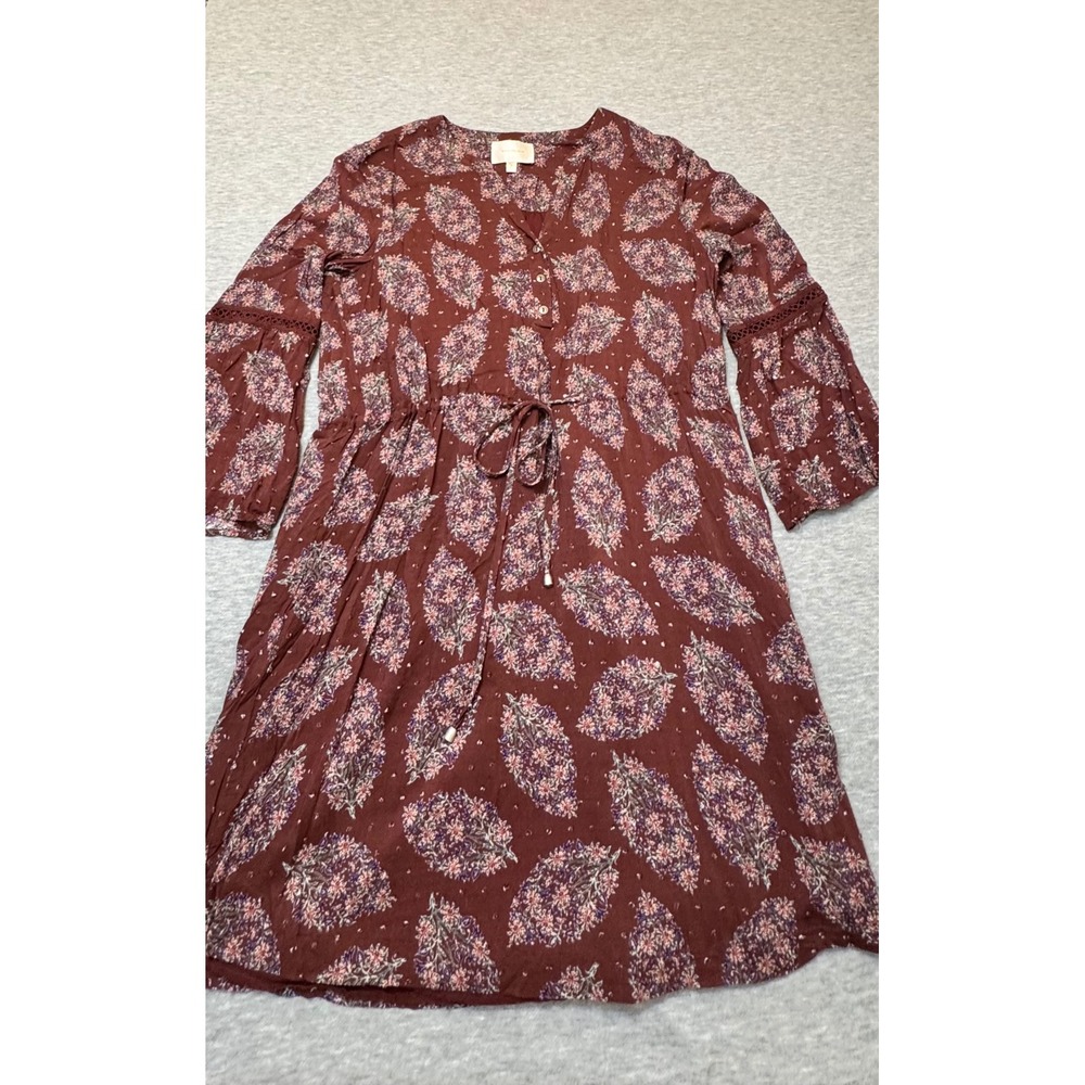Skies Are Blue Anthropologie Burgundy Floral Bell Sleeve Mini Dress Large Boho